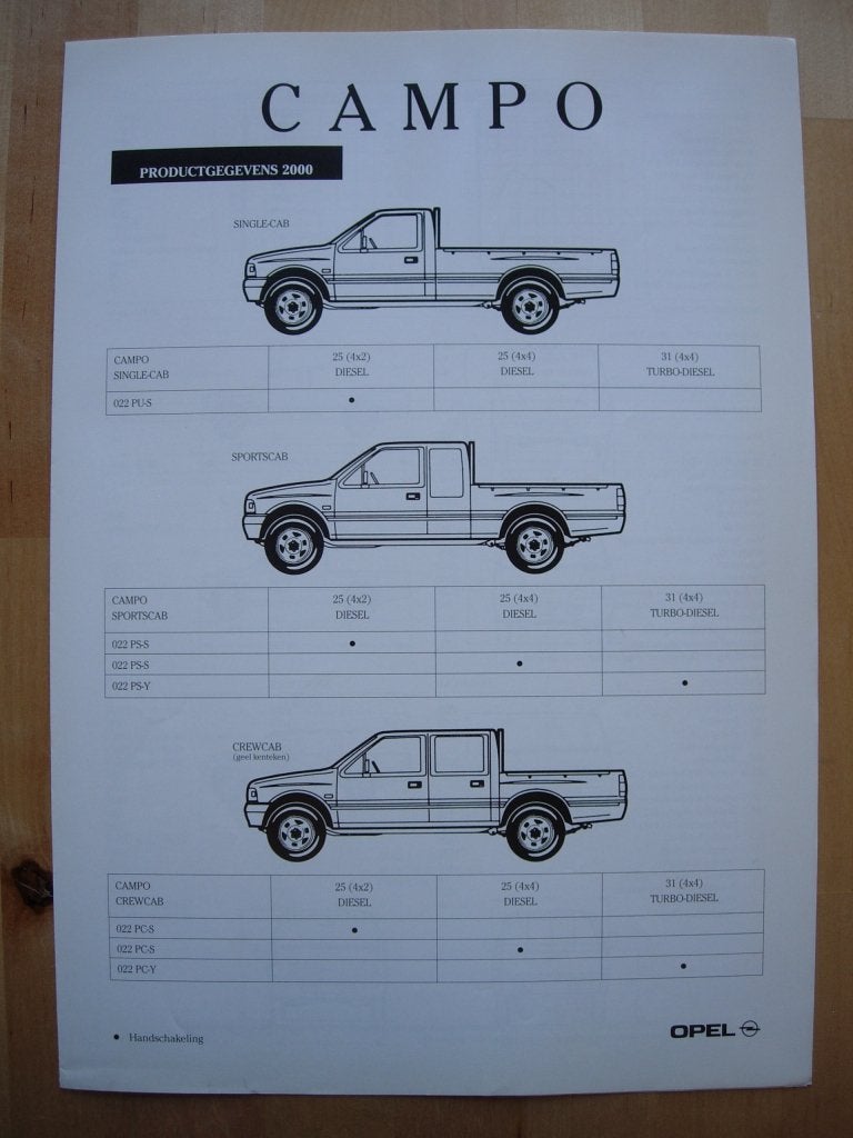 Opel Campo Technische Specificatie Brochure 2000 - Pick-up, Opel, Zo goed als nieuw, Opel, Ophalen of Verzenden