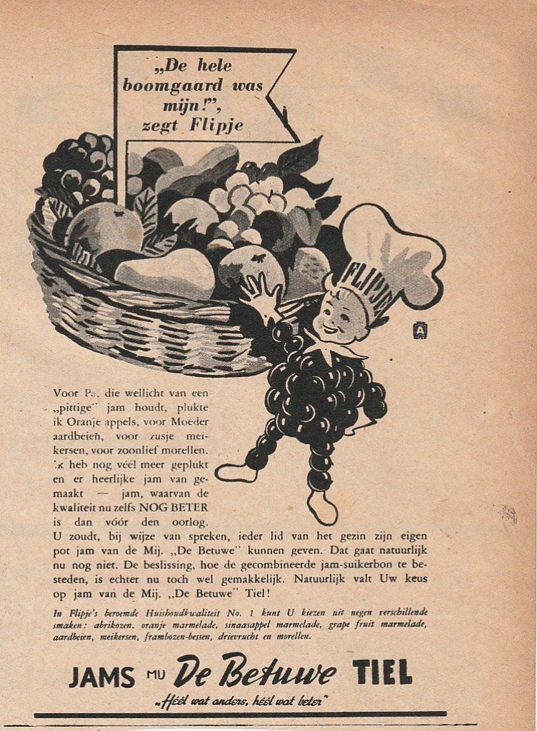 Retro reclame 1947 Betuwe Flipje Tiel jam op de bon, Verzenden, Overige typen
