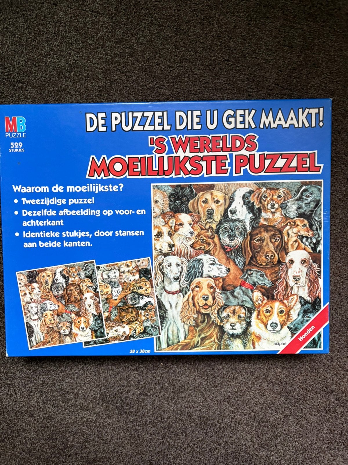 MB Moeilijkste puzzel ter wereld honden 529 stukjes, Hobby en Vrije tijd, Denksport en Puzzels, Ophalen of Verzenden, Minder dan 500 stukjes