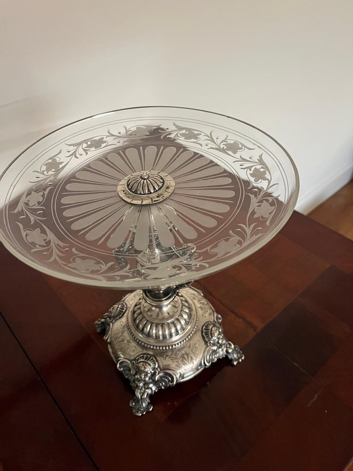 Antieke zilveren bonbonnière/taartschaal met geëtst glas, Ophalen