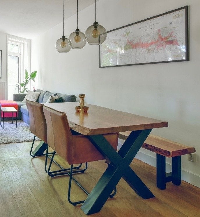 Eettafel boomstam met bijpassende bank, Gebruikt, 50 tot 100 cm, 150 tot 200 cm, Vier personen
