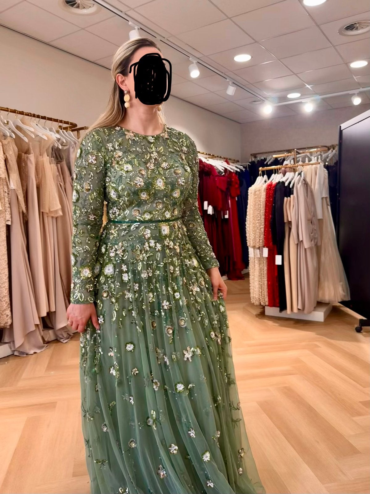 Groene feestelijke jurk met bloemetjes, Kleding | Dames, Maat 38/40 (M), Galajurk, Nieuw, Ophalen of Verzenden