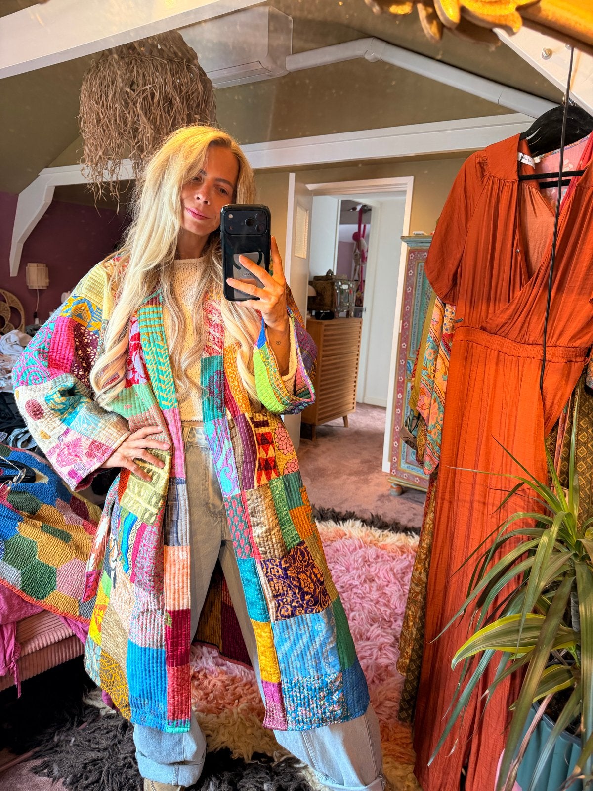 Kleurrijke Kantha Patchwork Zijden Jas met Ceintuur - Maat X, Kleding | Dames, Ophalen, Gedragen, Maat 46/48 (XL) of groter, Meerkleurig