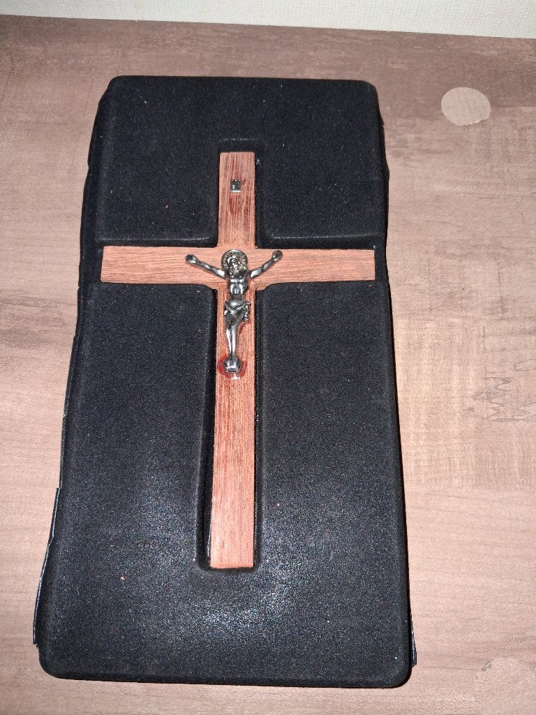 Vintage houten crucifix 15 cm met metalen Christus, Antiek en Kunst, Ophalen of Verzenden
