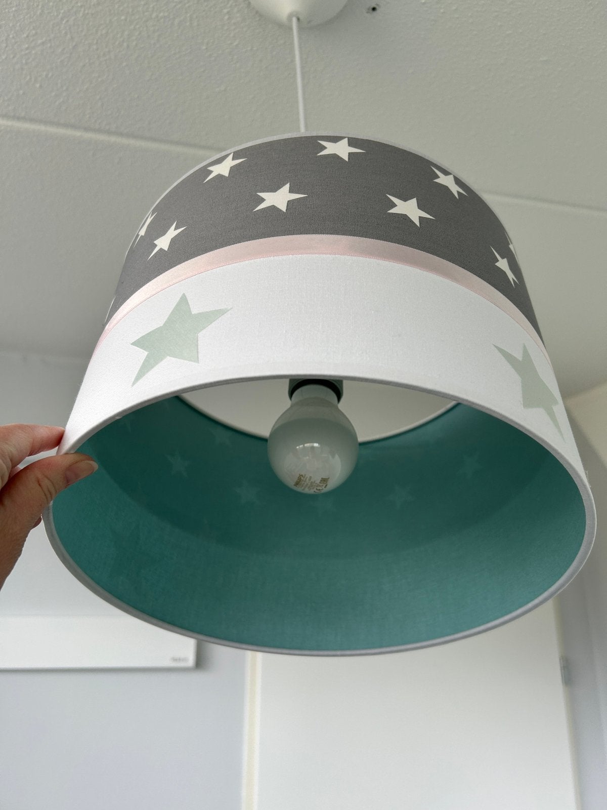 Hanglamp voor babykamer met sterren (grijs/roze/mintgroen), Ophalen of Verzenden, Zo goed als nieuw, Handgemaakt, Grijs