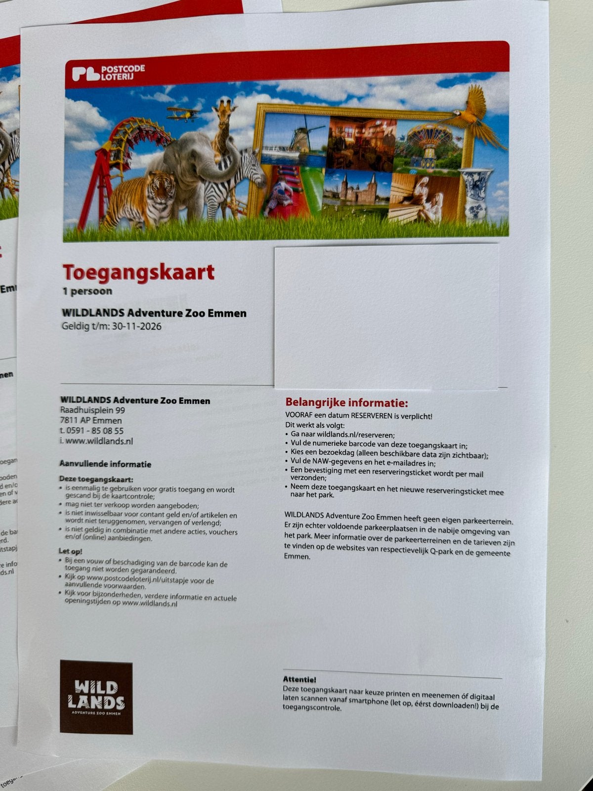 Tickets x4 voor Wildlands adventure Zoo Emmen, Drie personen of meer, Ticket of Toegangskaart