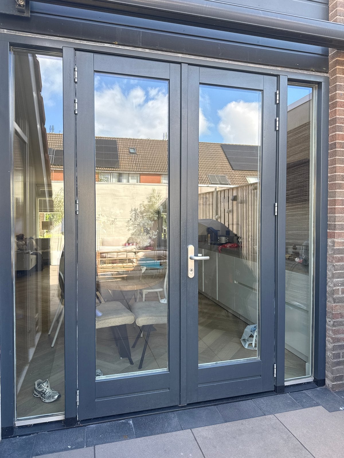 Kozijn met houten openslaande deuren 233x251 cm, Doe-het-zelf en Verbouw, Gebruikt, Ophalen of Verzenden, Buitendeur, Hout