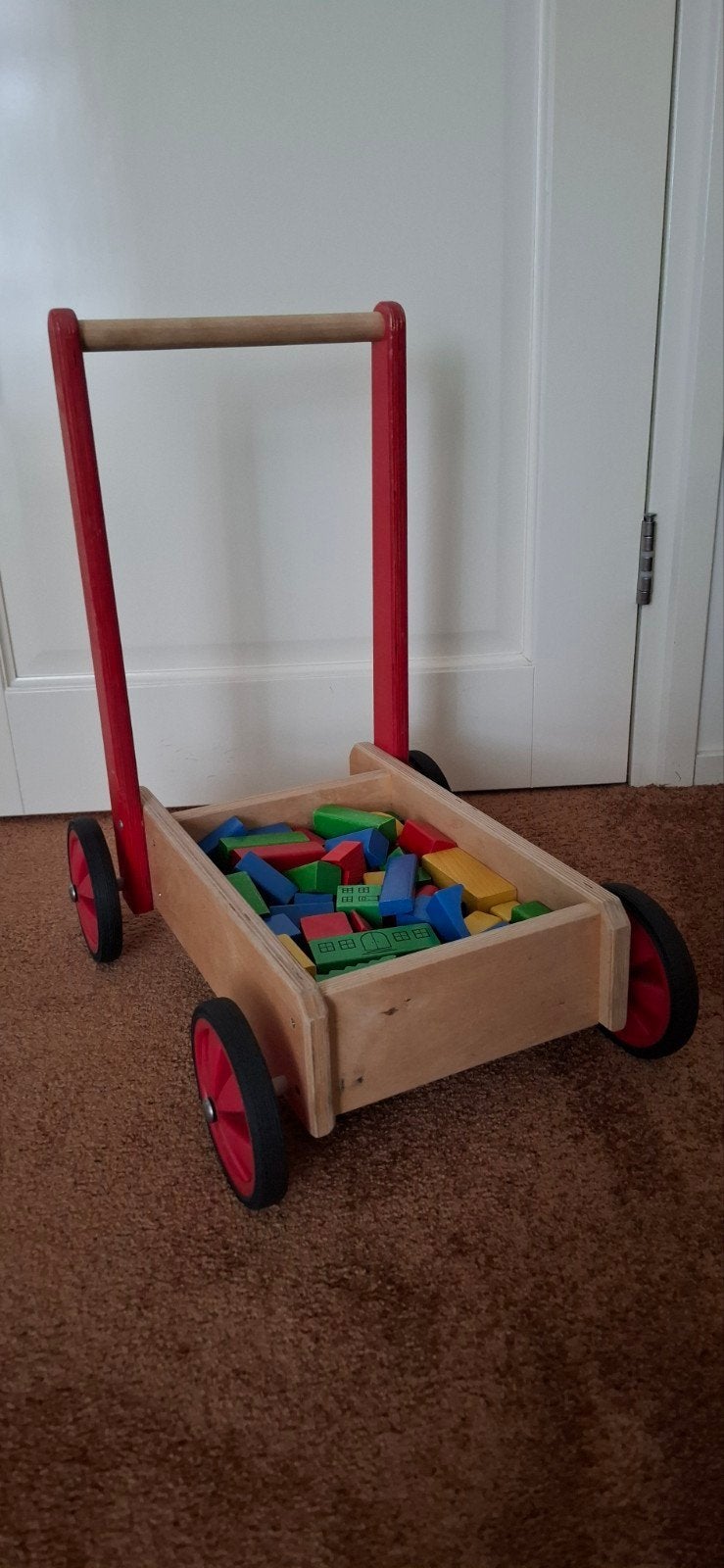 Houten loopwagen met blokken - ideaal voor Sinterklaas/Kerst, Ophalen, Gebruikt, Duw- of Trekspeelgoed