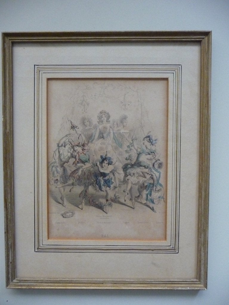 gravure -- BAL 10x18,5cm -19e eeuw - hand ingekleurd, Ophalen of Verzenden