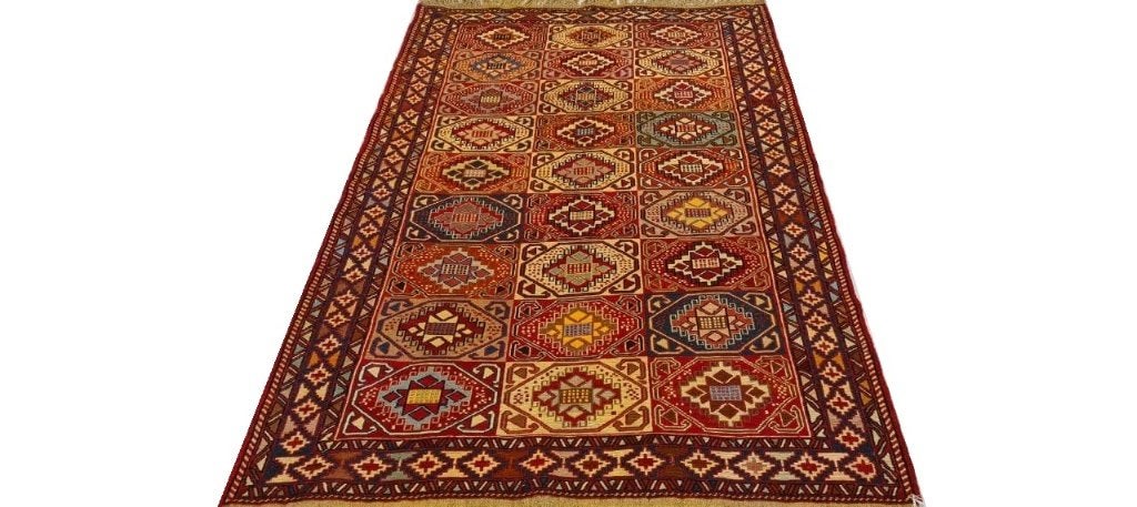 Soumak kelim Perzische tapijt 197 x 125/wandkleed/tafelkleed, 100 tot 150 cm, Www.simatapijten.nl, Nieuw, Ophalen of Verzenden