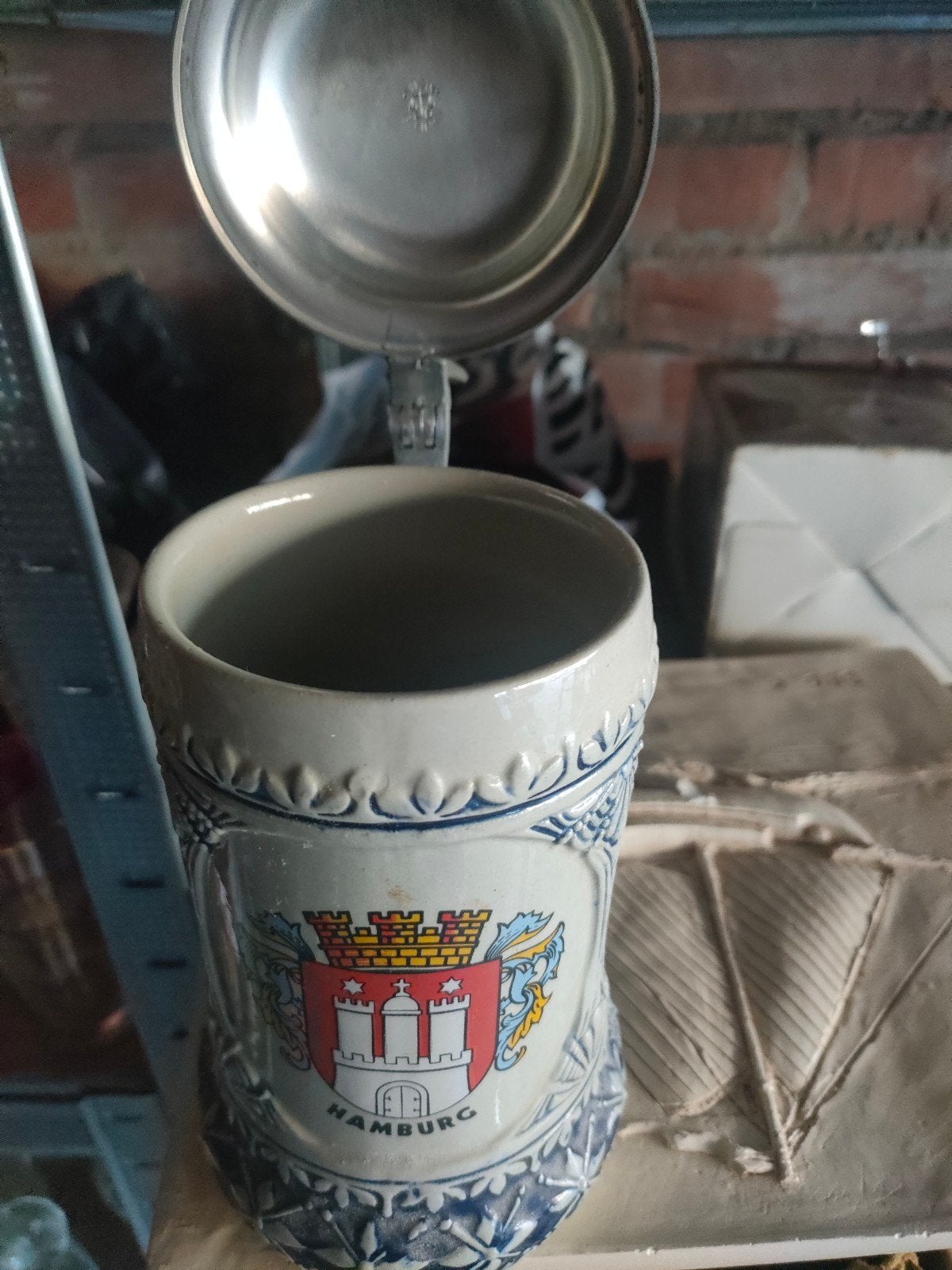 tinnen kruik uit Duitsland, Verzamelen, Biermerken, Ophalen, Glas of Glazen, Overige merken