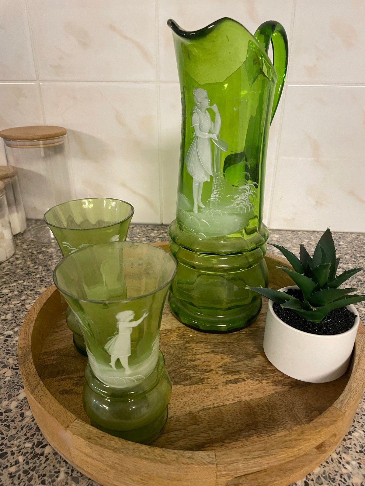 Antiek Groen Limonade Stel met Gravering - Karaf en Glazen, Ophalen