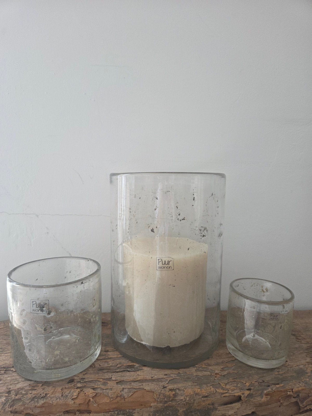 Set van 3 Puur Wonen windlichten Metal Chips (Stoer & Sober), Ophalen, Windlicht, Overige merken, Glas
