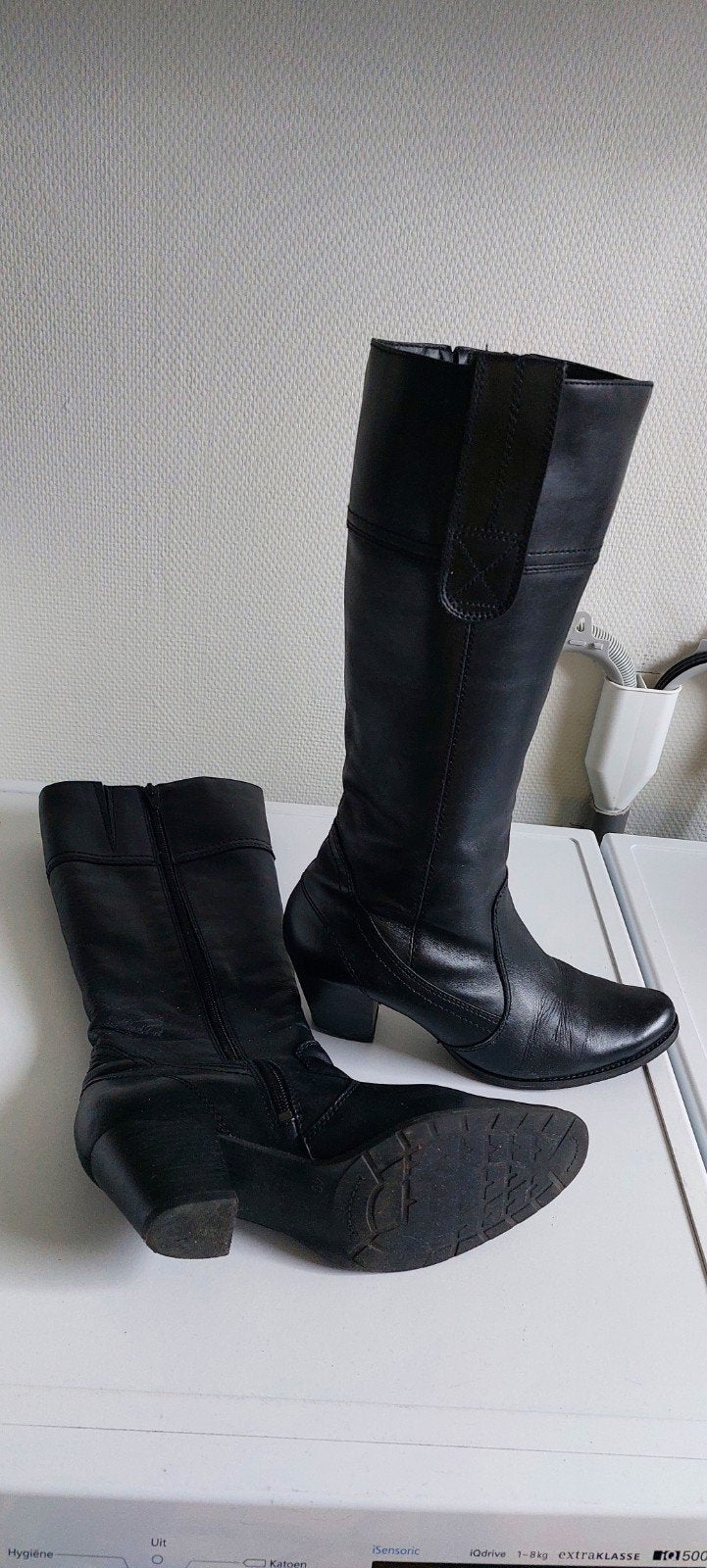 te koop: zwarte leren laarzen, Ophalen of Verzenden, Gedragen, Zwart, Hoge laarzen