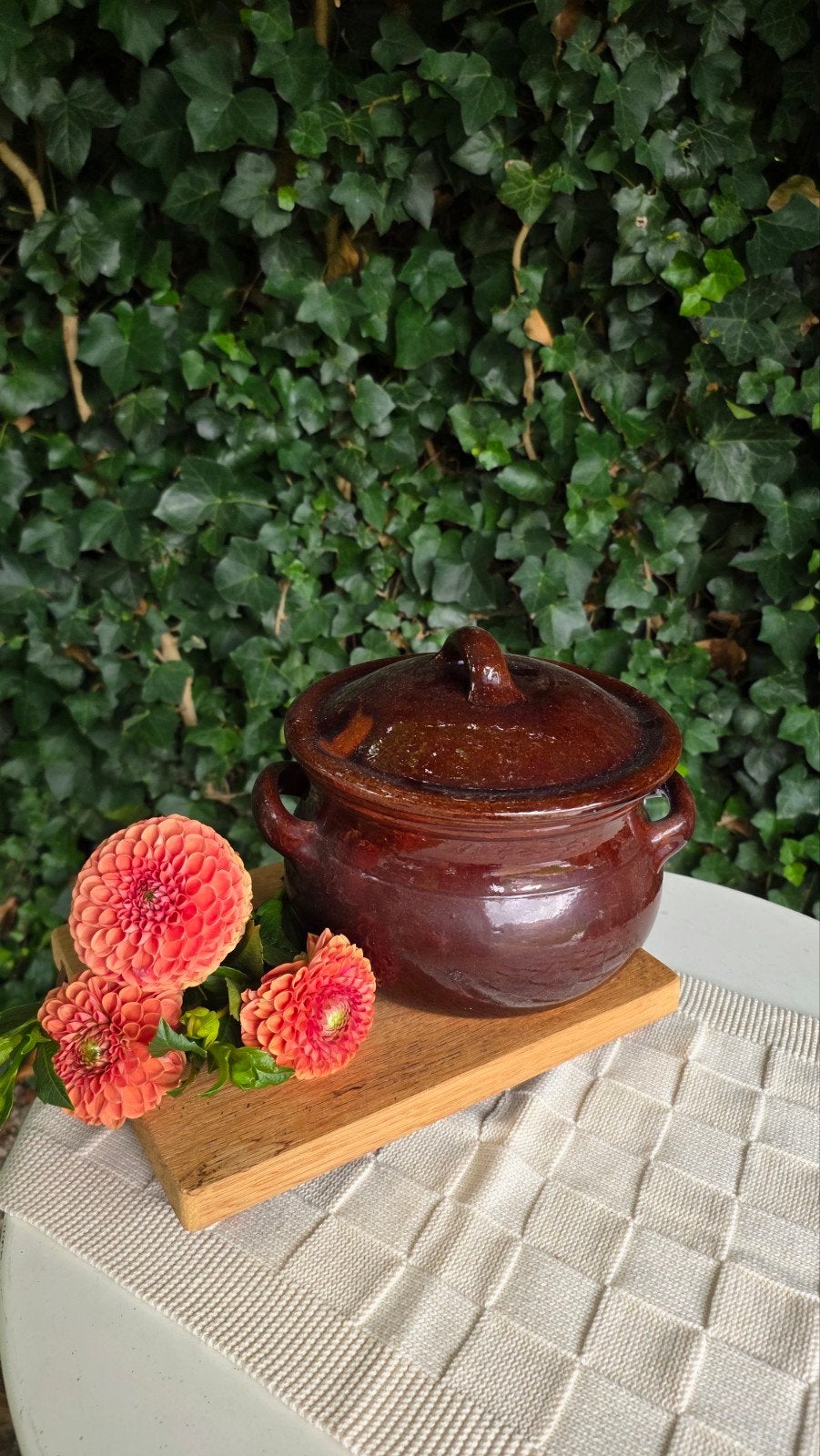 Vintage Aardewerken Bruine Pot met Deksel, ovenschaal, Gebruikt, Vintage, Pot, Bus of Blik, Ophalen of Verzenden