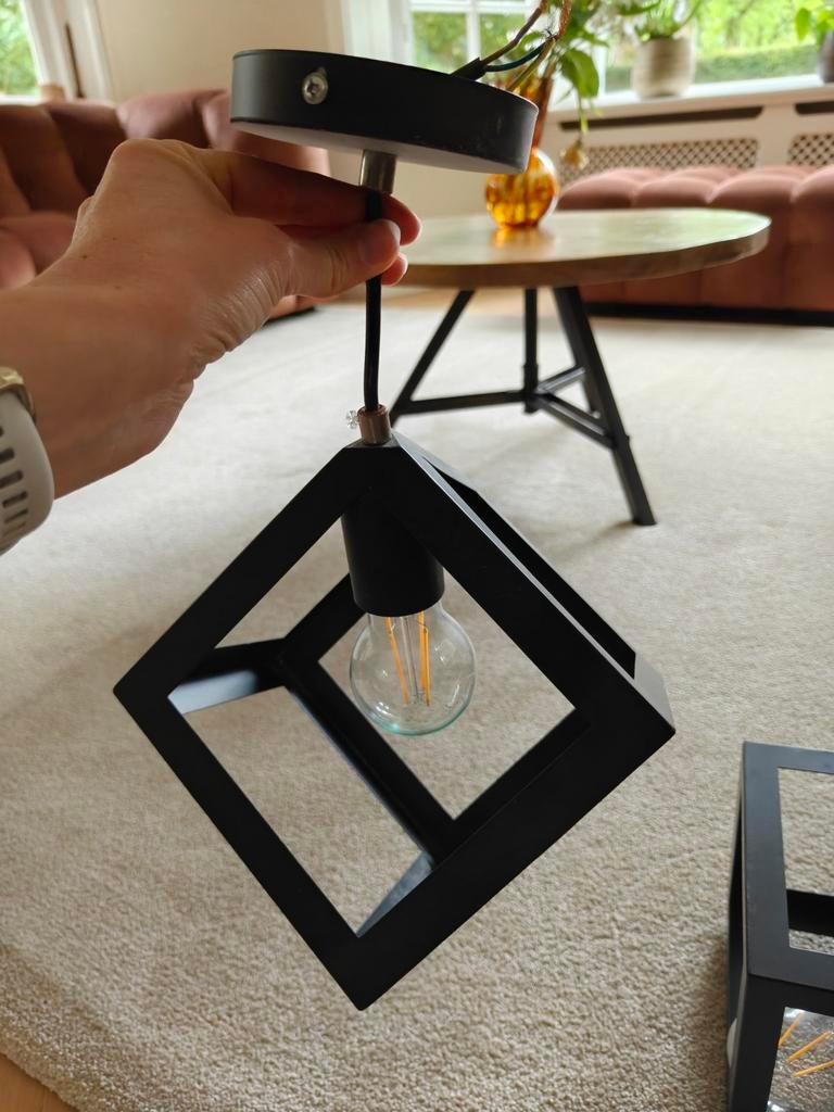 Zwarte kubus hanglamp - Modern design, Ophalen, Zo goed als nieuw, Metaal, Modern, Industrieel, Geometrisch