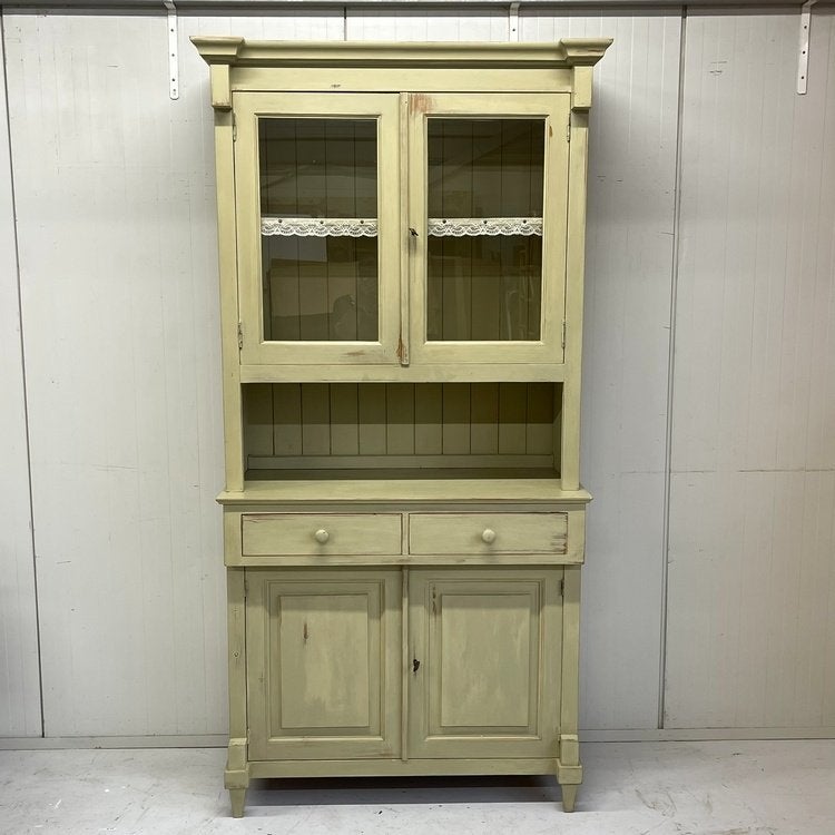 Landelijke brocante vintage buffetkast vitrine lindegroen, Ophalen, Gebruikt, 100 tot 150 cm, 200 cm of meer