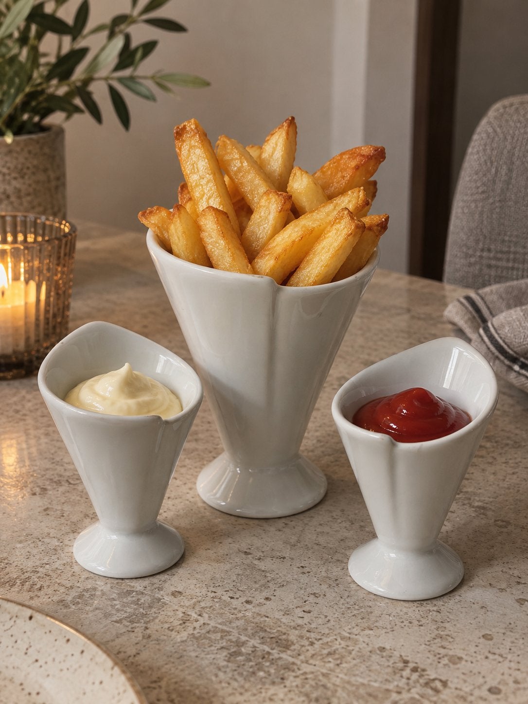 Frietbakjes en sausbakjes set - Wit keramiek, Overige typen, Ophalen of Verzenden, Zo goed als nieuw, Steen/keramiek