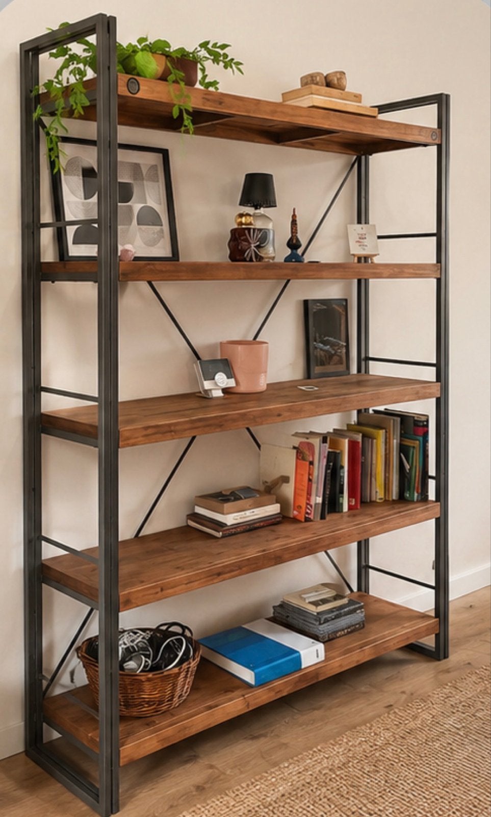 Industriële Boekenkast van Massief Acaciahout en Metaal, Huis en Inrichting, Kasten | Boekenkasten, Met plank(en), 100 tot 150 cm