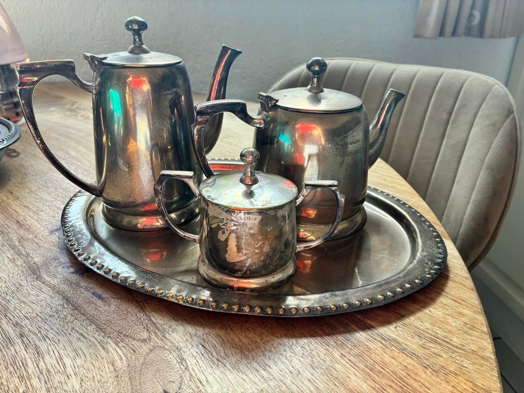 Zwaar verzilverde thee- en koffieset met dienblad, Antiek en Kunst, Antiek | Goud en Zilver, Ophalen, Zilver