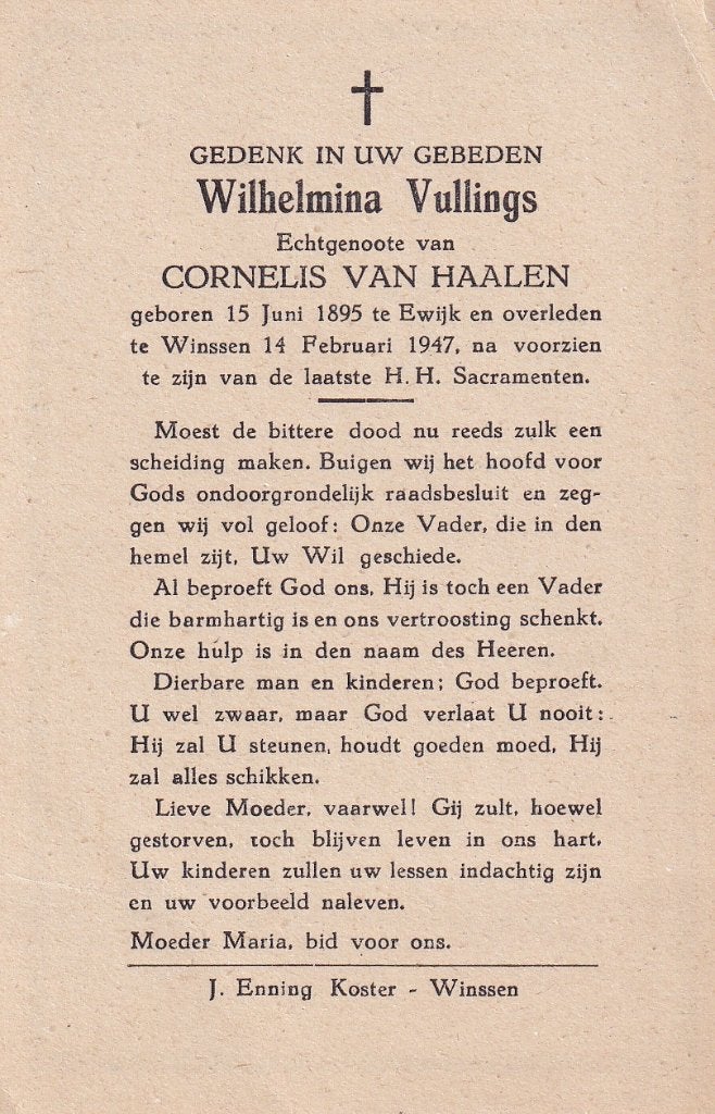 Vullings Wilhelmina 1895 Ewijk 1947 Winssen, Ophalen of Verzenden, Bidprentje