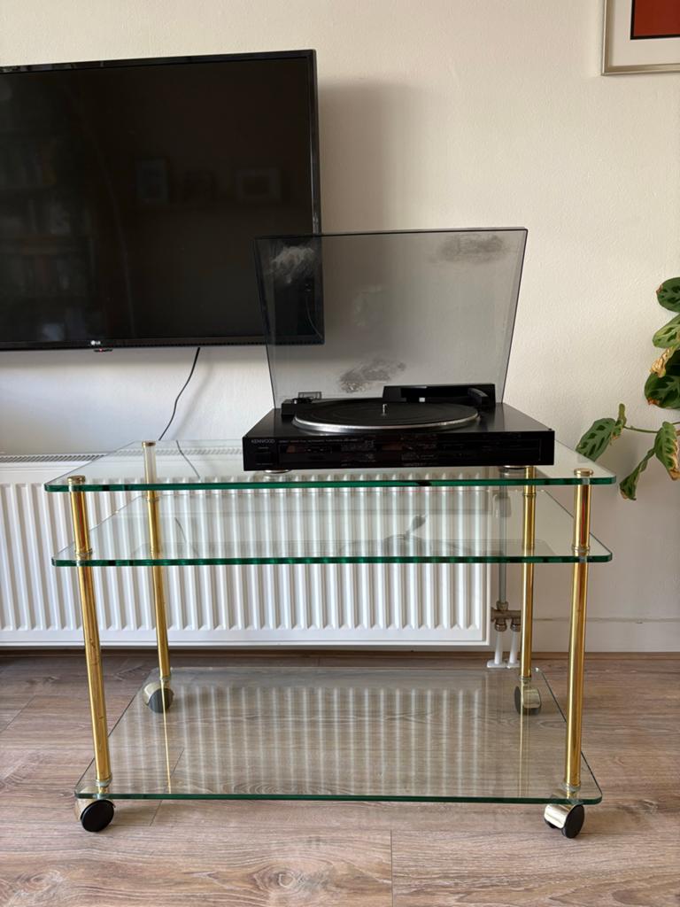 Glazen bijzettafel op wieltjes - Vintage design, Gebruikt, Glas, 75 cm of meer, Rechthoekig