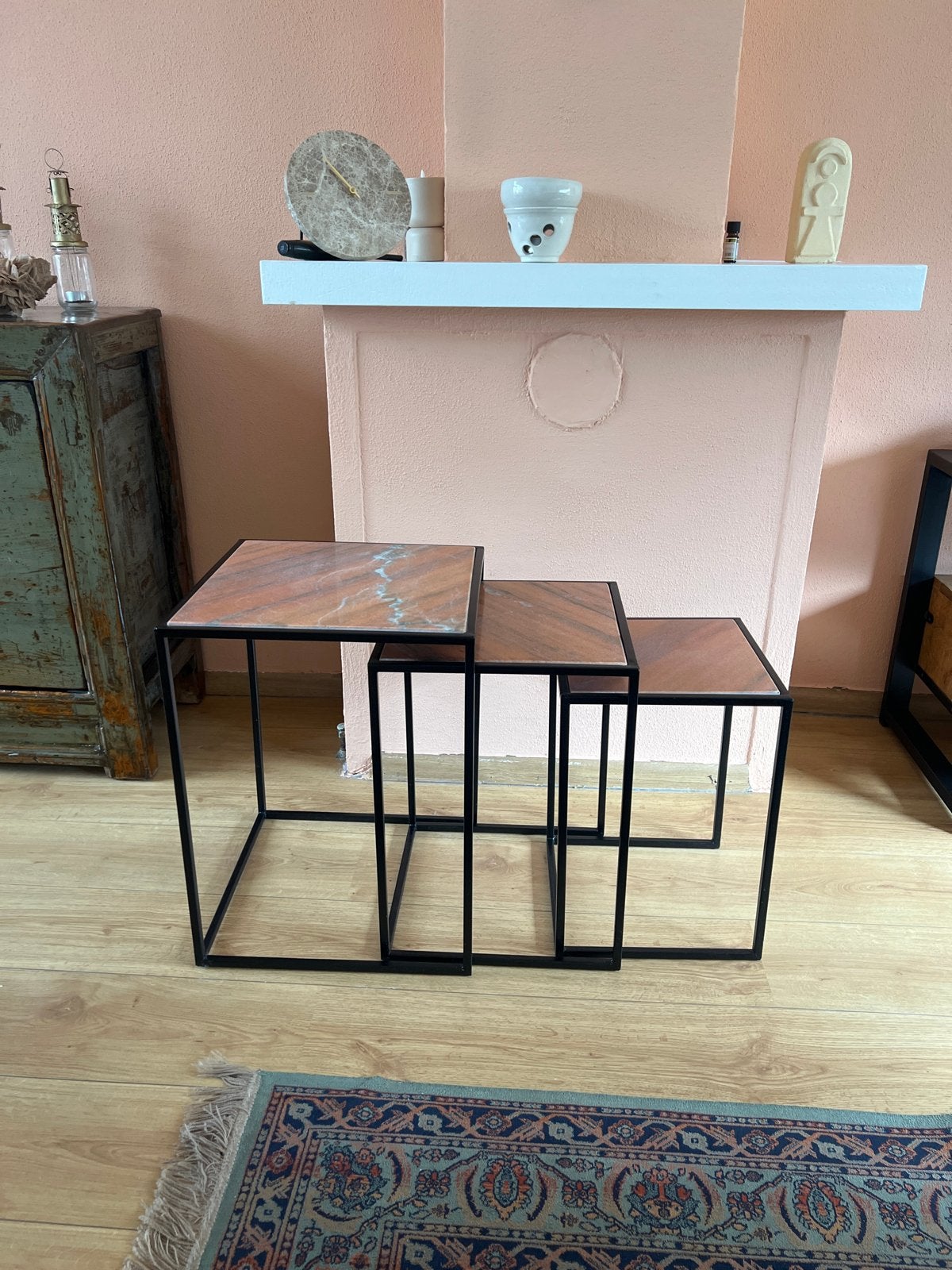 Set van 3 bijzettafels met marmer blad Loods 5, Ophalen, Minder dan 45 cm, Minder dan 55 cm, Metaal of Aluminium