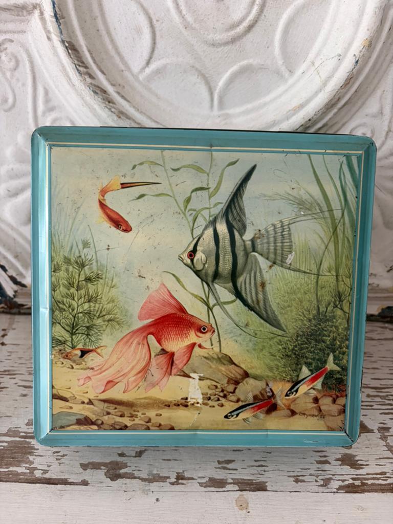 Vintage aquarium of vissen blik van Melle, Ophalen of Verzenden, Gebruikt, Koek(jes)