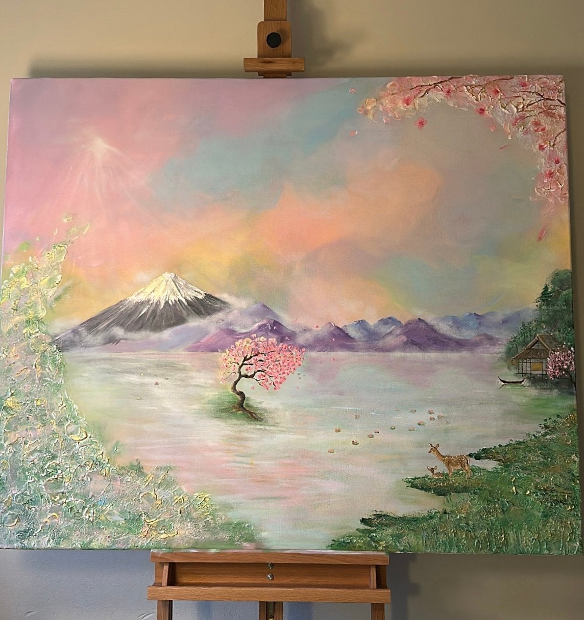 Origineel handgeschilderd Japans landschap 100x120, Antiek en Kunst, Kunst | Schilderijen | Klassiek, Acrylverf, Ophalen of Verzenden