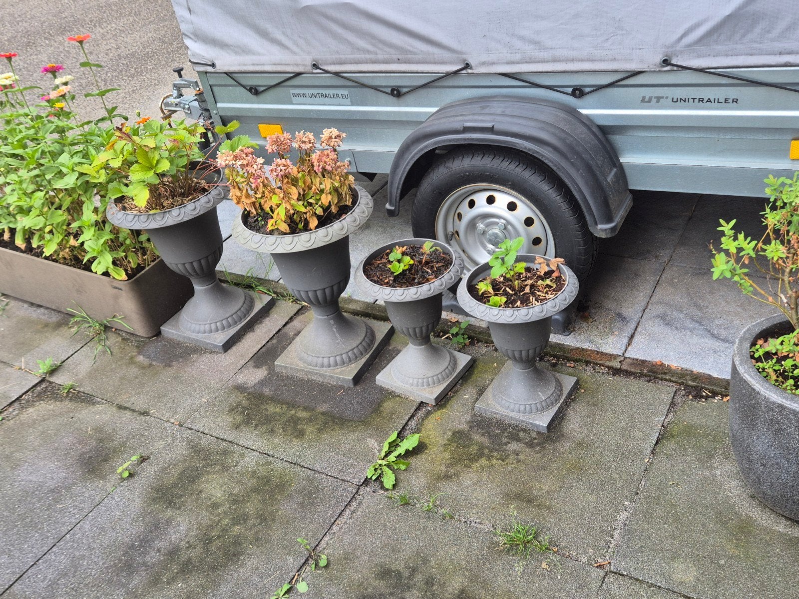 Set van 4 klassieke plantenbakken op voet, Tuin en Terras, Ophalen, Gebruikt, Minder dan 60 cm, Rond
