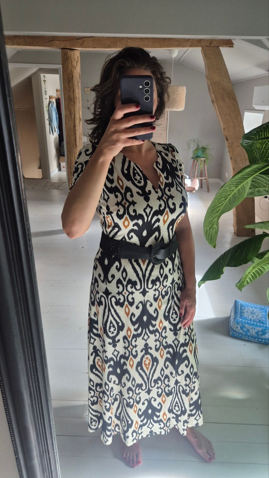 K Design jurk met Ikat print en riem, maat S = 38, Kleding | Dames, Jurken, Maat 38/40 (M), K Design, Zwart, Ophalen of Verzenden