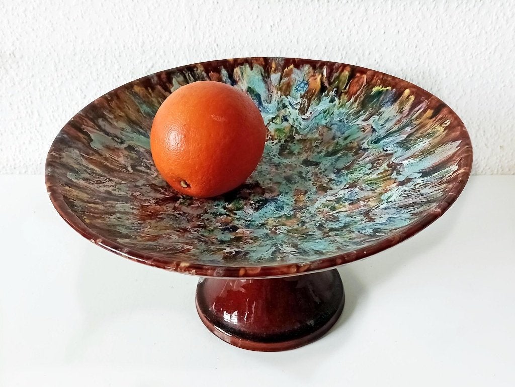 Bijzondere kleurrijke fruitschaal / serveerschaal, Gebruikt, Geglazuurd, Schaal, Rond