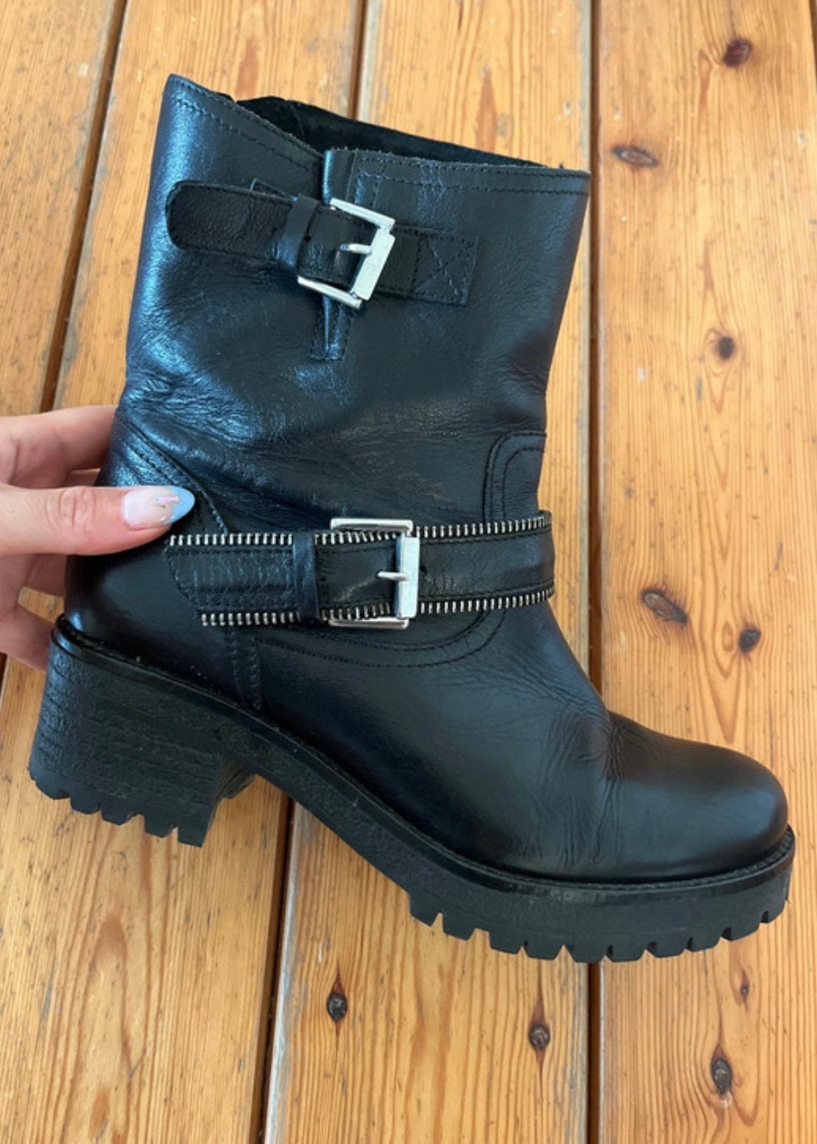 Zwarte leren biker boots maat 38, halfhoge laarsjes,festival, Verzenden, Zo goed als nieuw, Zwart