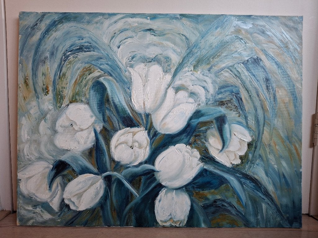 Schilderij Witte Tulpen - Olieverf op doek 60x80 cm, Ophalen