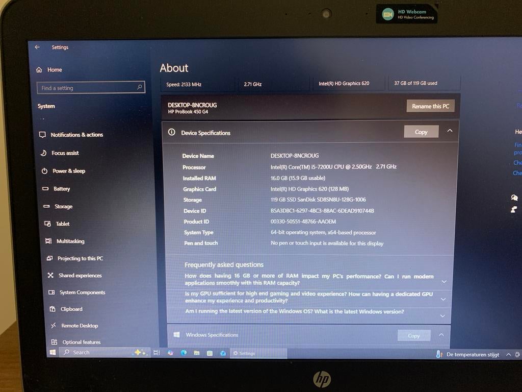 HP ProBook 450 G4 Laptop - i5-7200U, 16GB RAM, 128GB SSD, Computers en Software, Windows Laptops, Ophalen, Gebruikt, Met videokaart