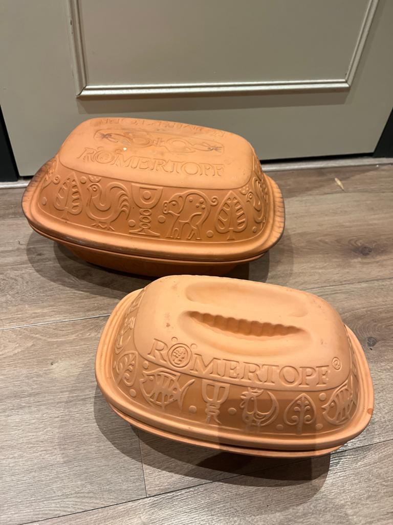 2 Römertopf braadsledes ovenschalen vintage, Ophalen of Verzenden