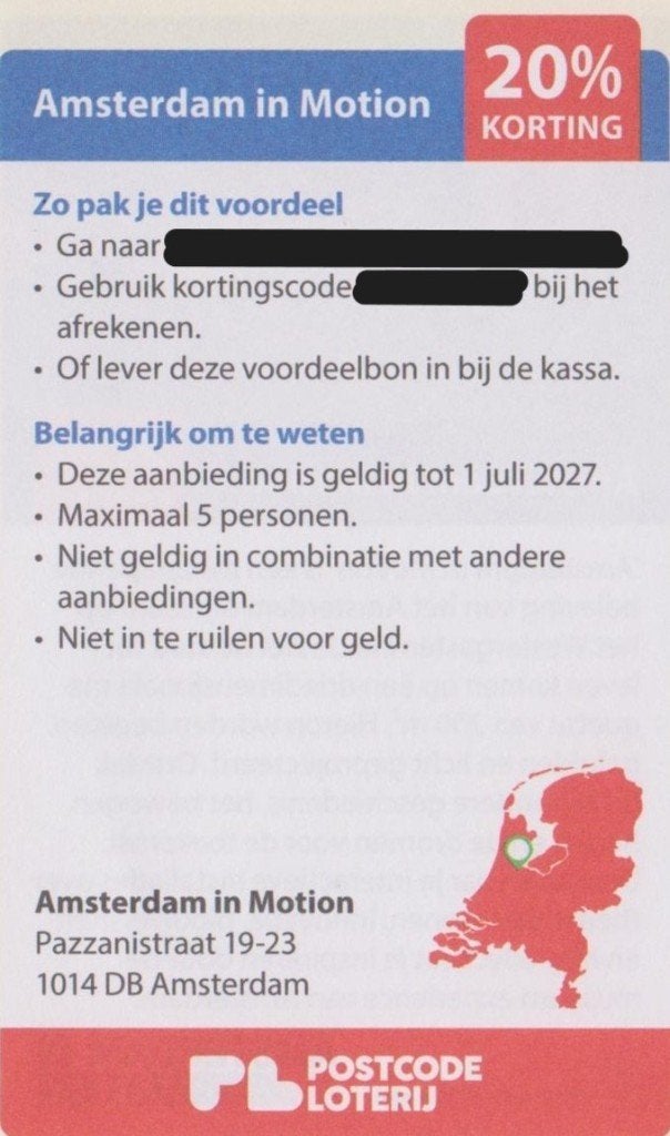 Amsterdam in Motion 20% korting. Postcodeloterij voordeelbon, Drie personen of meer, Kortingskaart