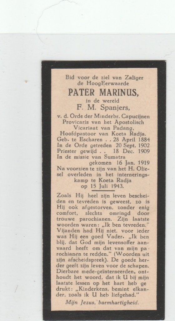 pater spanjers-interneringskamp koeta radja 1943, Ophalen of Verzenden, Bidprentje