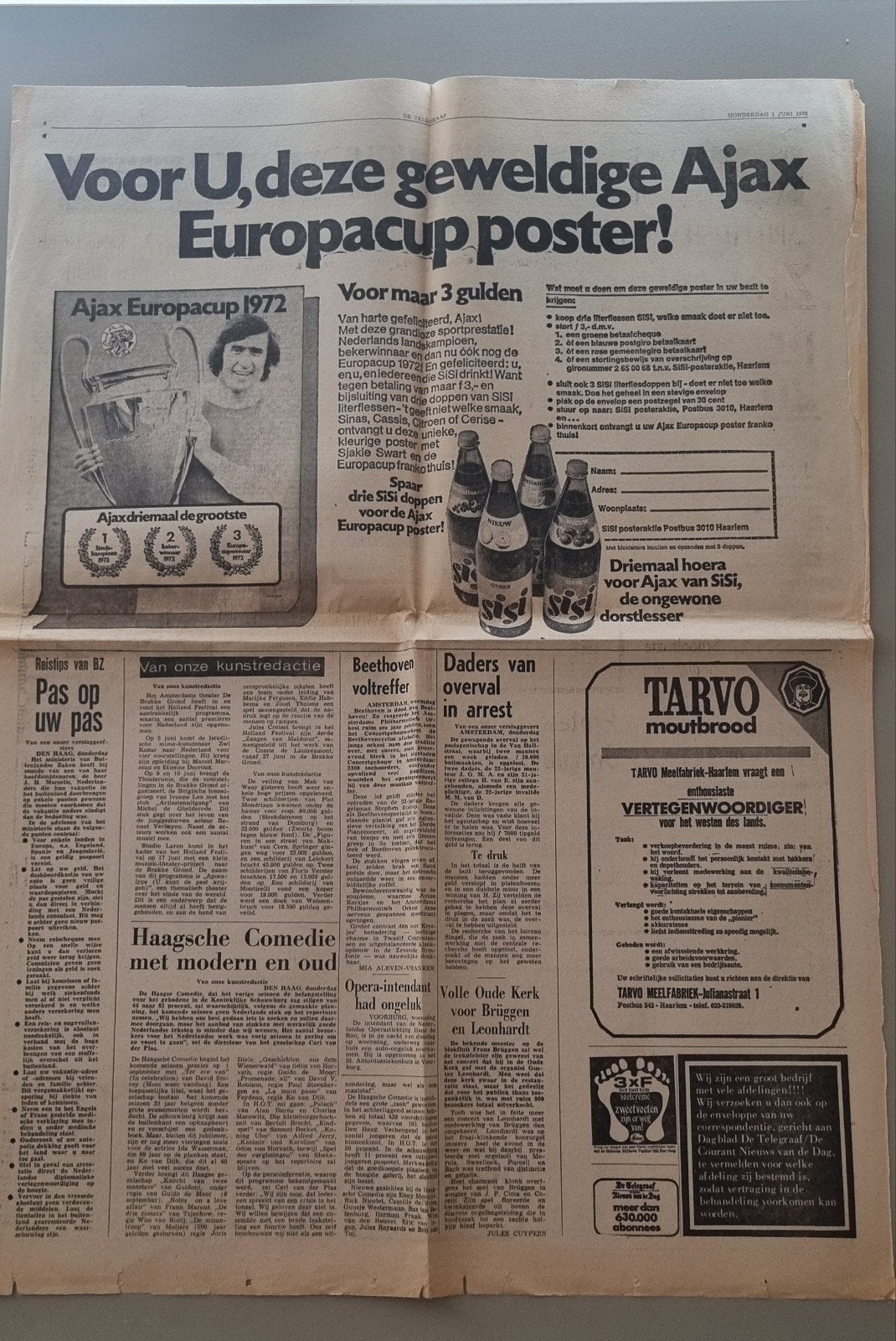 Krantenpagina Ajax Europacup 1972 Advertentie (1972), Verzamelen, Ophalen of Verzenden, Gebruikt, Ajax, Poster, Plaatje of Sticker