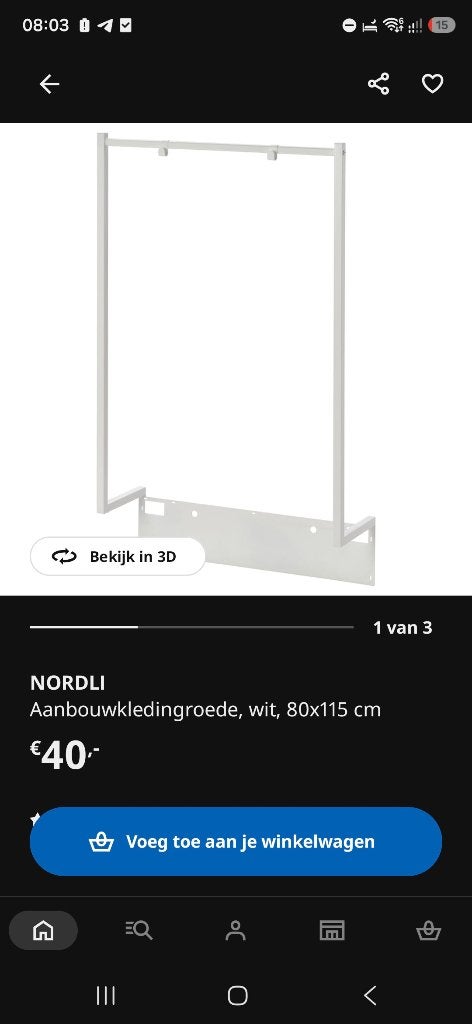 Nordli aanbouwkledingroede IKEA, Ophalen, Gebruikt, 100 tot 150 cm, 50 tot 100 cm