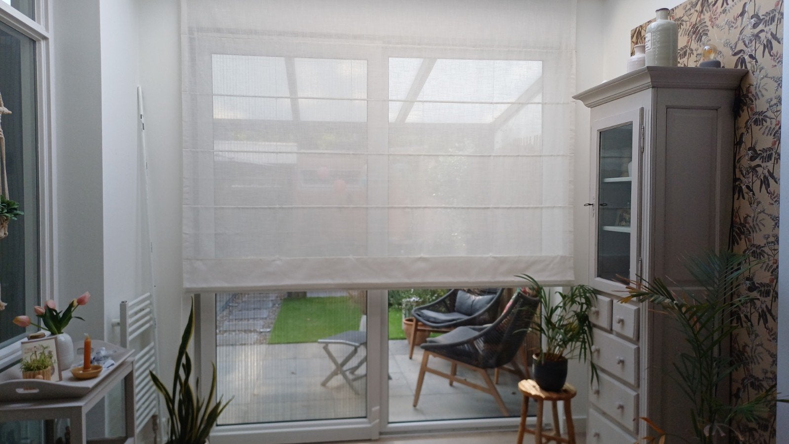 Lichtdoorlatend vouwgordijn, Huis en Inrichting, Stoffering | Gordijnen en Lamellen, Ophalen, Gebruikt, Wit, Vouwgordijn