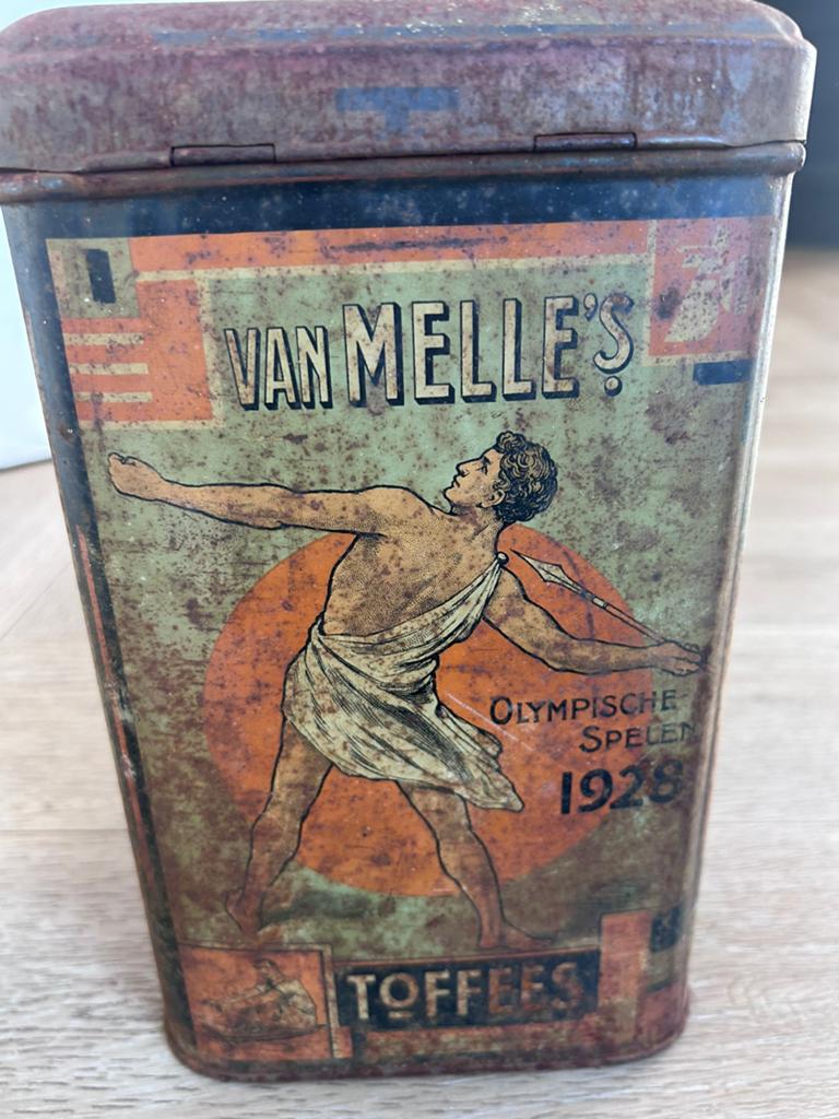 Vintage Van Melle's Toffees blik Olympische Spelen 1928, Ophalen of Verzenden, Zo goed als nieuw, Overige