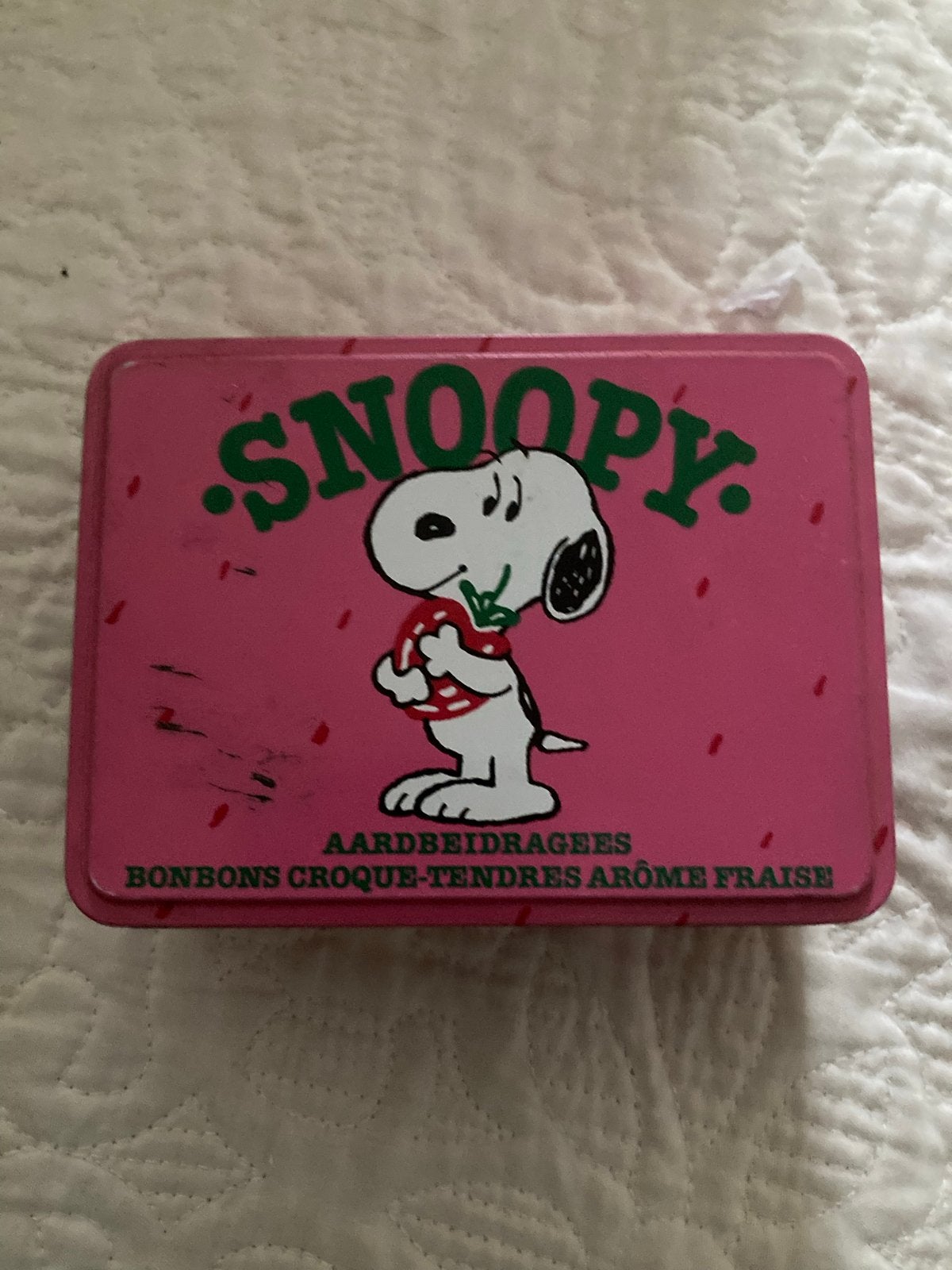 Vintage blikje Snoopy aardbeidragees  - Van Melle, Ophalen of Verzenden, Gebruikt, Overige, Van Nelle