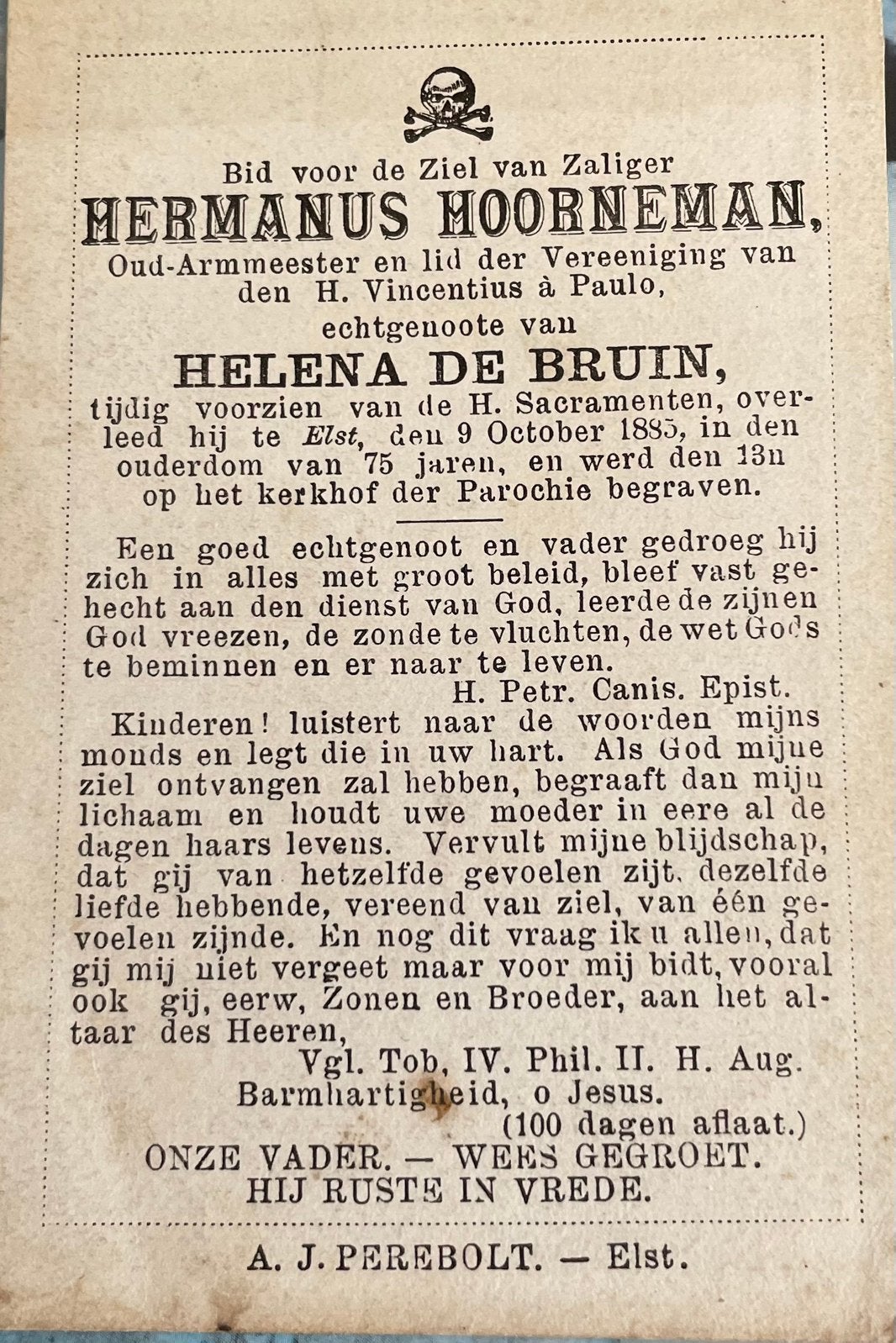 Hermanus Hoorneman Overleden Elst 1885, Ophalen of Verzenden