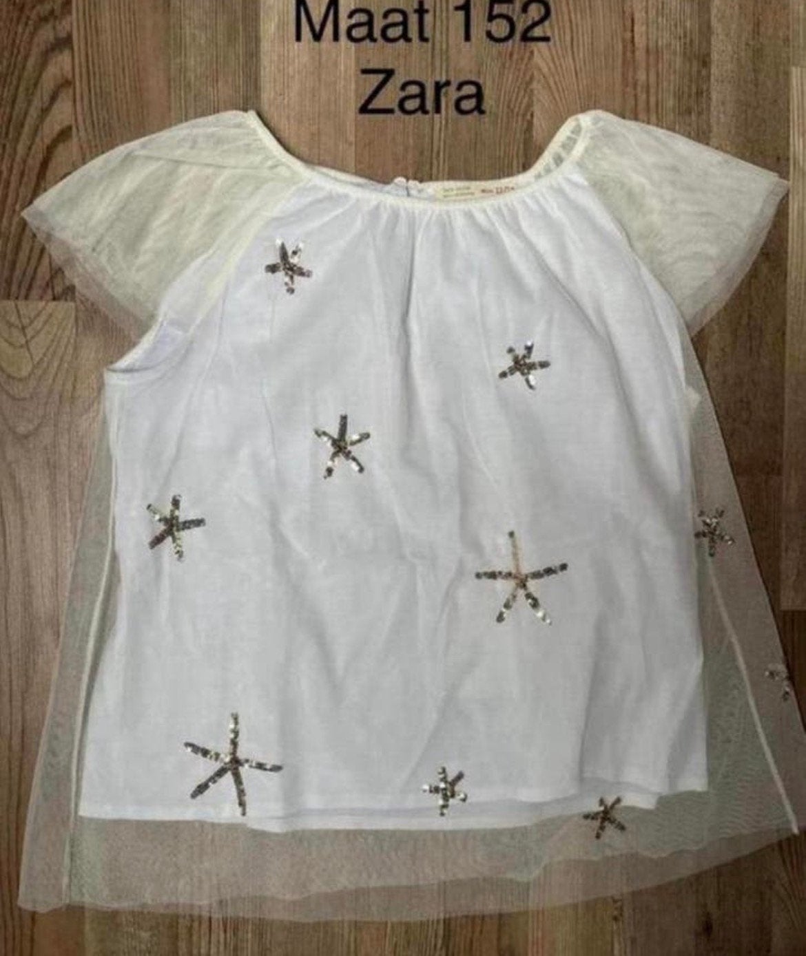 Wit dubbellaags shirtje met tule/glitter, maat 152: Zara, Ophalen of Verzenden, Zo goed als nieuw, Meisje, Shirt of Longsleeve