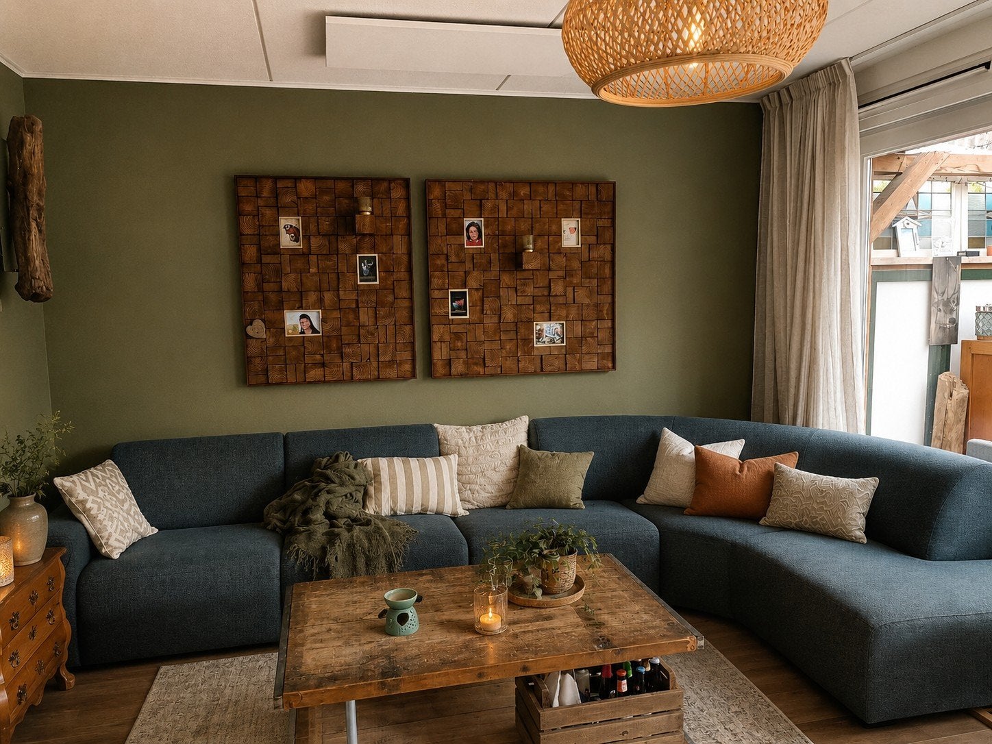 Uniek houten wandpaneel met 3D-effect en fotolijstjes, Huis en Inrichting, Ophalen, Gebruikt, Hout, Handgemaakt