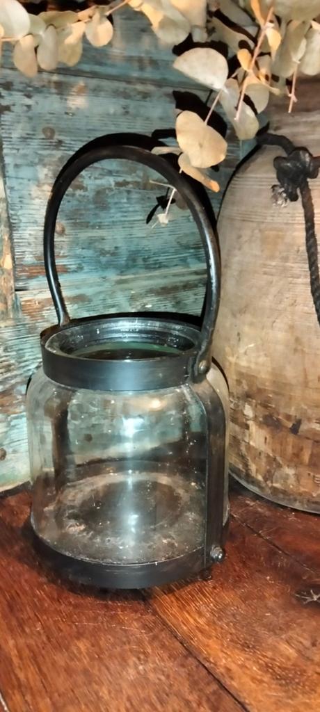 Ijzeren kandelaar windlicht met glas erin brocante, Antiek en Kunst, Curiosa en Brocante, Ophalen of Verzenden