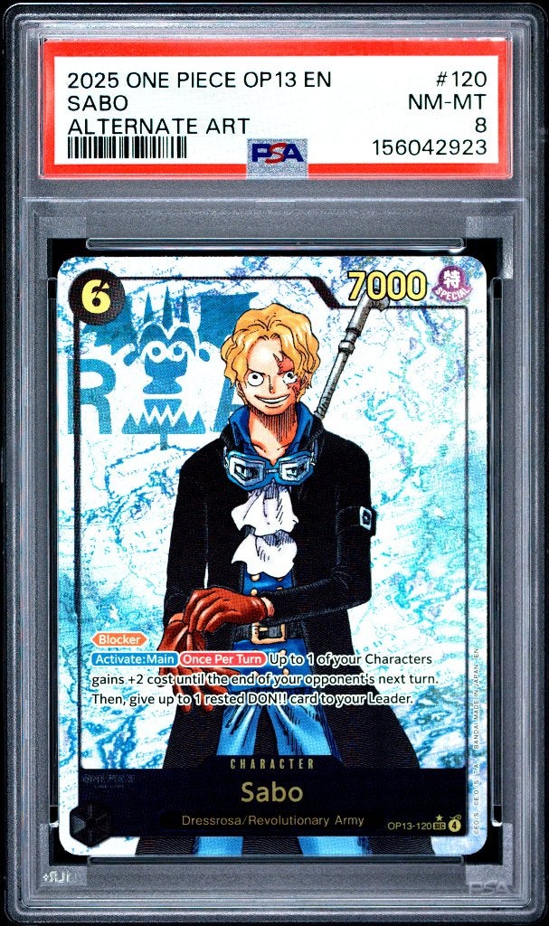 ONE PIECE OP13-CARRYING ON HIS WILL SABO ALTERNATE ART PSA 8, Ophalen of Verzenden, Zo goed als nieuw, Losse kaart, Foil