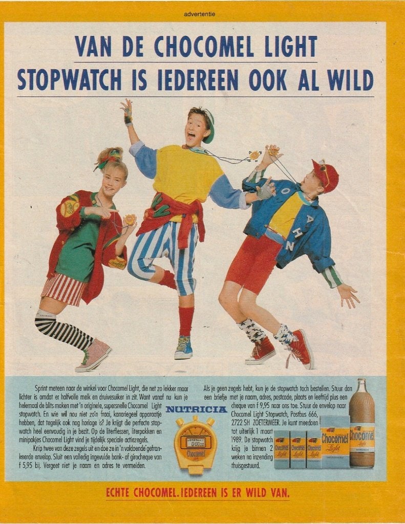 retro reclame 1988 Nutricia Chocomel actie jongens stopwatch, Verzenden, Overige typen