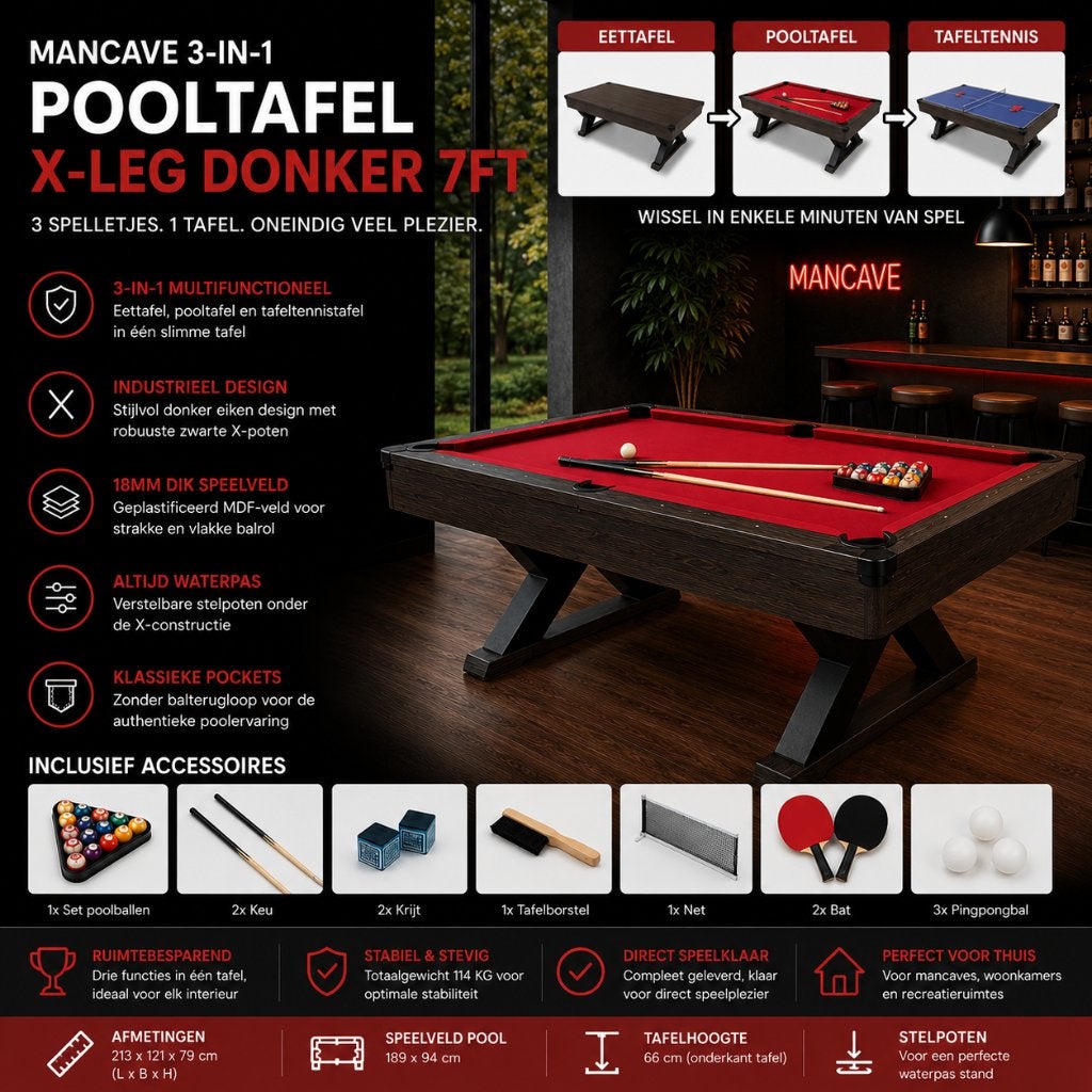 Mancave 3 in 1 pooltafel - Tafeltennis - Speeltafel, Kouwehoek 1b, Cave & Garden, Pooltafel, Nieuw